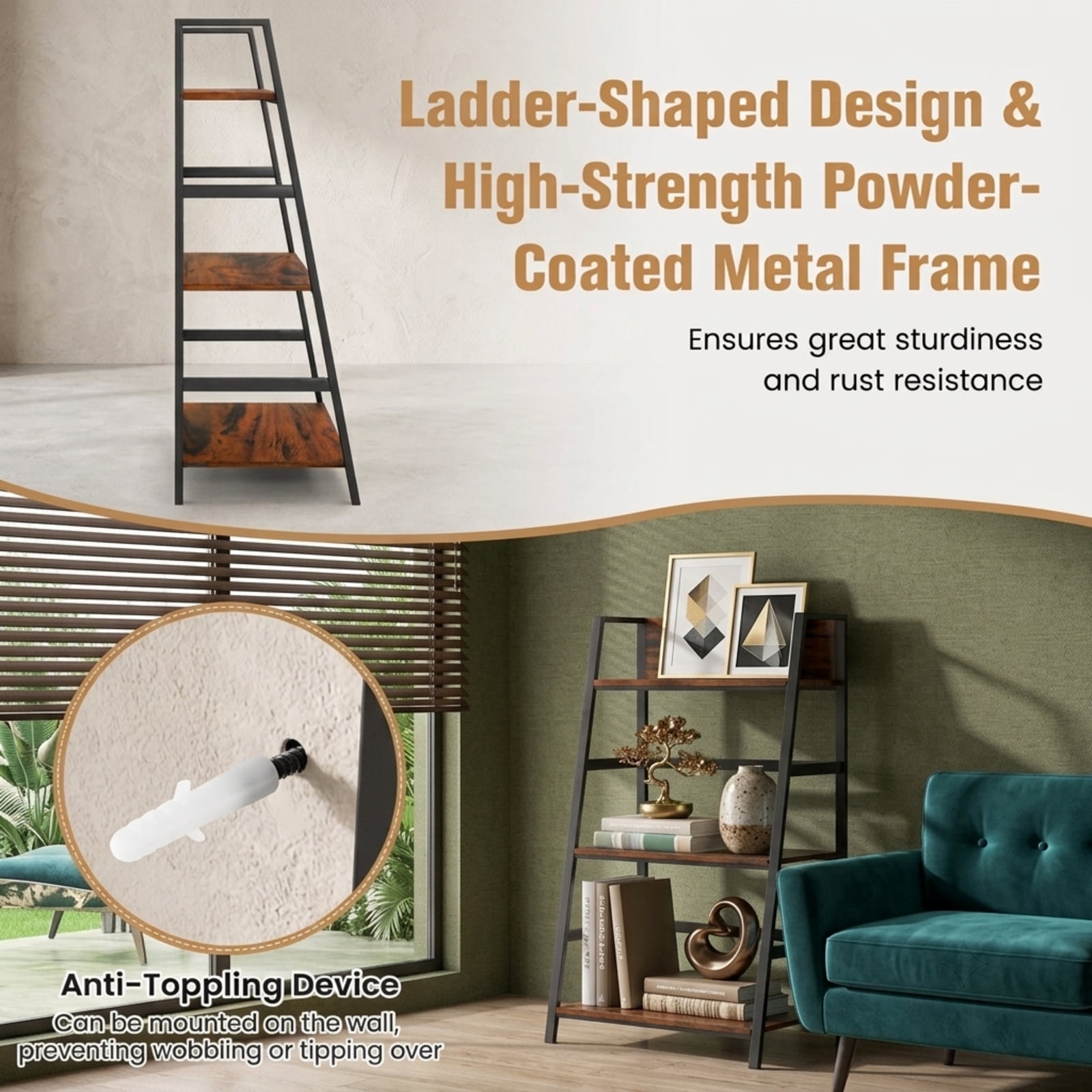 Furnibear 3-Tier Ladder Industrial Bookshelf with Metal Frame for Living Room Home Office Bedroom Display Storage Shelf, Coffee