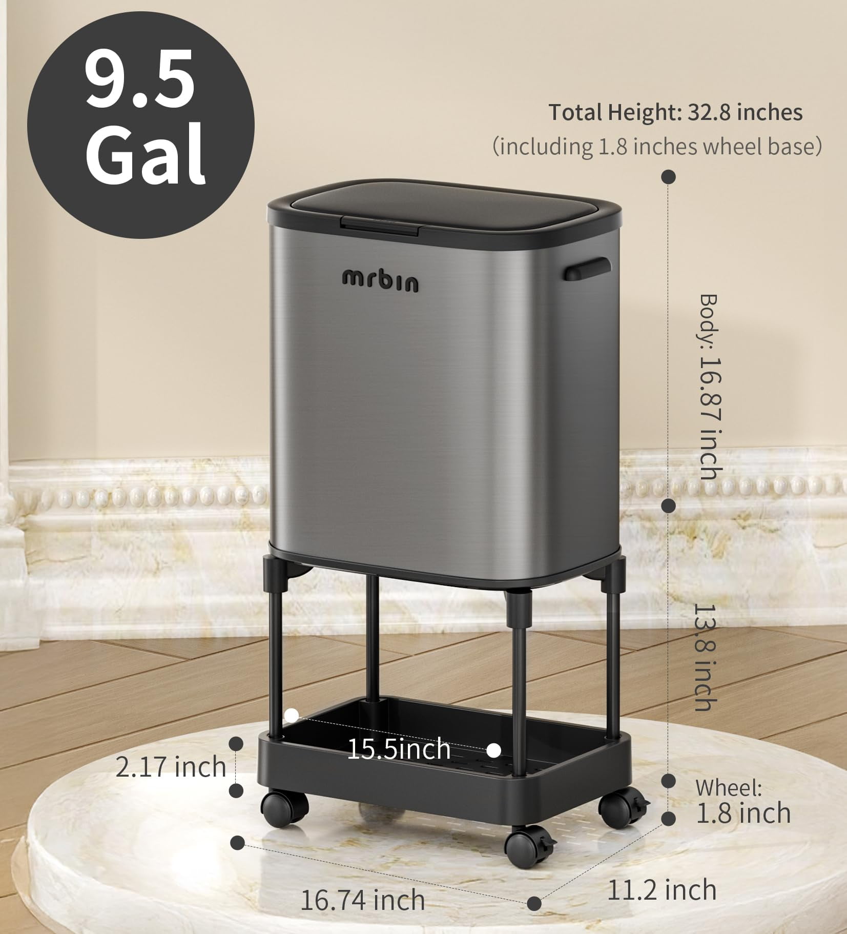 MRBIN Stainless Steel Tall Kitchen Trash Can with Shelf and Wheels, High Legs 36L / 9.5gal Press Top Narrow Waste Basket, Slim Lidded Litter Garbage Bin Pet Proof for Vanity, Bedroom, Eclipse Grey