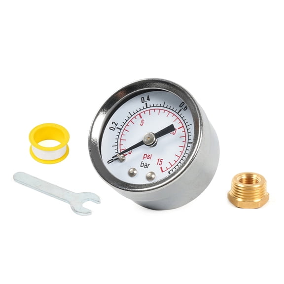 Double Scale Pressure Gauge 1/8'' NPT 0-15PSI 0-1Bar Metal Fuel Pressure Gauge and Wrench Adaptor Kit Center Back Mount