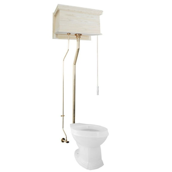 Renovators Supply High Tank Pull Chain Toilet w/Unfinished Wooden Flat High Tank 70" to 74" Adjustable Height Brass L Pipe and Round Toilet Bowl