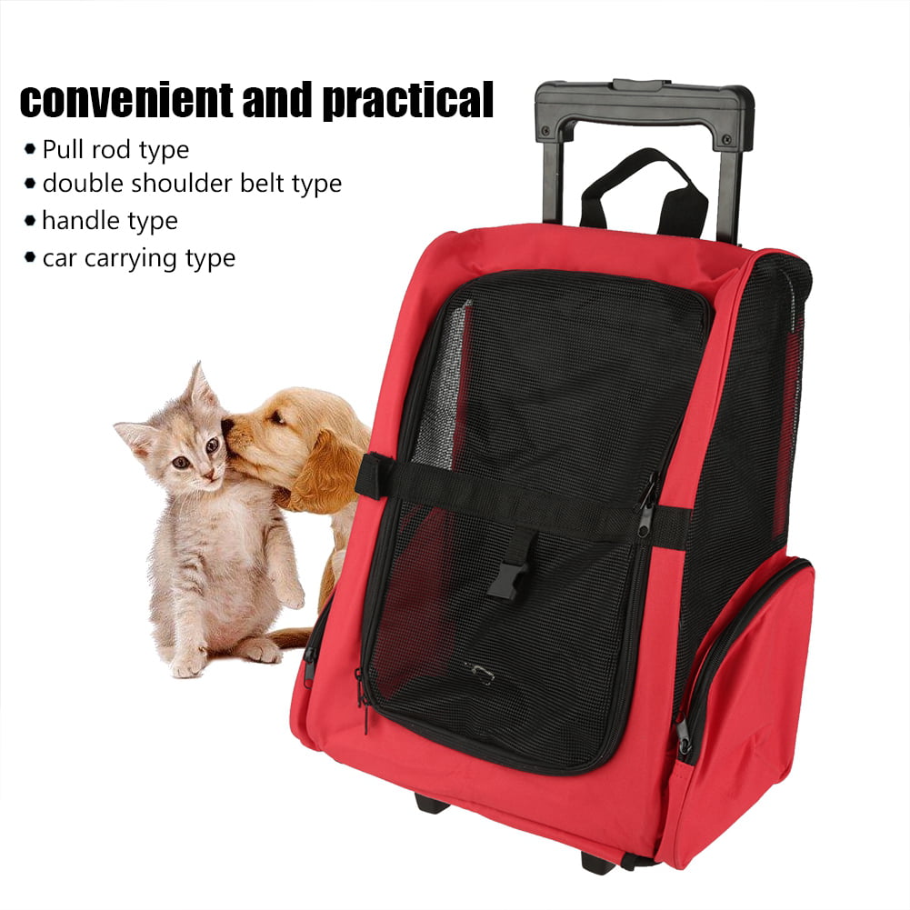 Red Rolling Backpack Cat Dog Transporting Luggage Box with Telescopic Handle Portable Pet Travel Carrier & Backpack Luggage Pet Travel Trolley Waterproof Cat Dog Carrier on Wheels 51 * 39cm