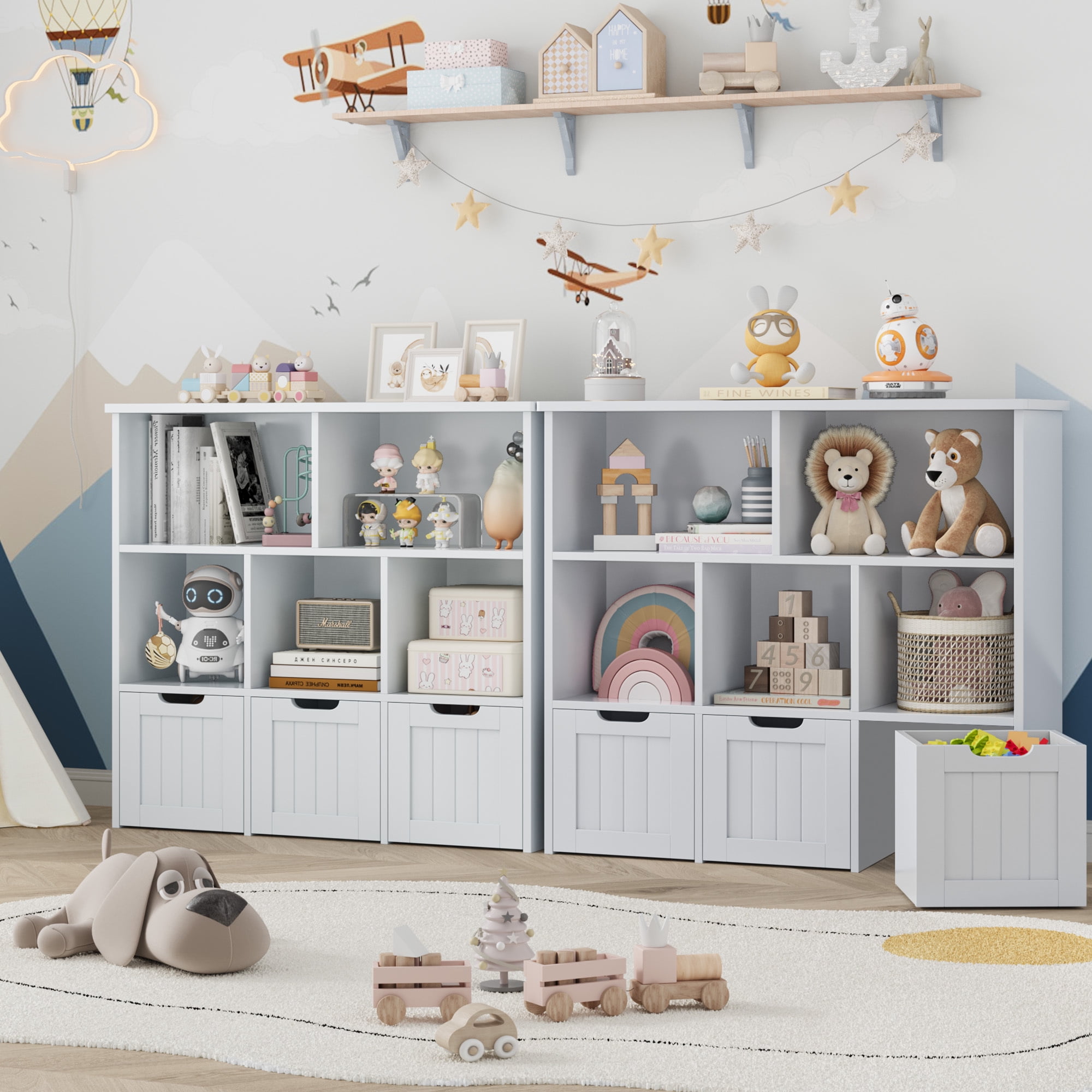 Homfa Toy Storage Organizer with 3 Movable Drawers, 5 Cube Kids Bookcase for Playroom, Storage Cabinet for Living Room, Gray Finish