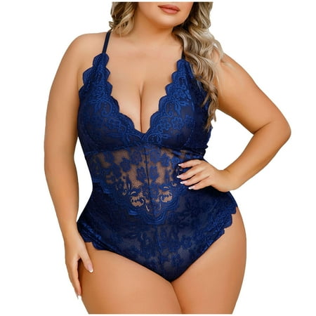 Lolmot Plus Size Lingerie for Women Babydoll Chemise Sexy Lingerie Hollow Out Floral Lace Bodysuit Lingerie Deep V Underwear Nightgown Sleepwear