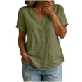 thumbnail image 2 of QUNYINEY Cotton Linen Womens Summer Tops Short Sleeve Green T-Shirts Pullover Button Loose Fit Casual V Neck Tops, 2 of 6