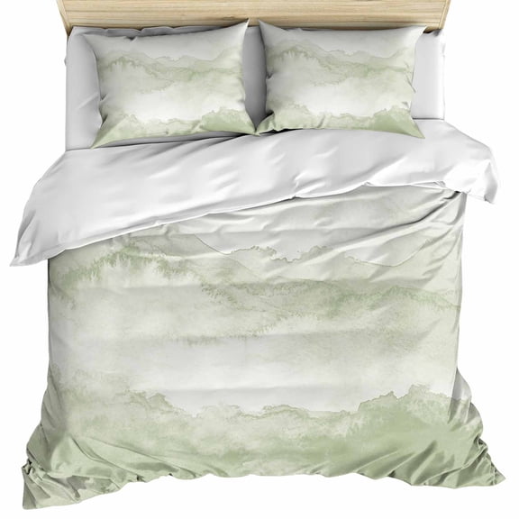 Sage Green Ombre Mountain Bedding 3 Piece Duvet Cover Set Queen Size, Nature Abstract Art Marble Soft Microfiber Comforter Cover with Zipper Closure & Pillowcases, Wrinkle & FadeResistant Quilt Cover