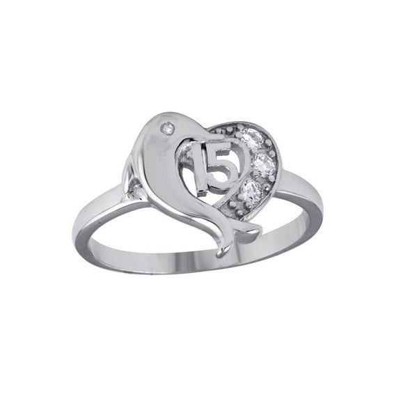 Rhodium Plated 925 Sterling Silver 15 Heart Dolphin Ring Band White CZ Jewelry Female Size 9