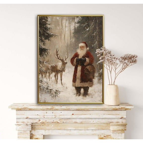 Santa Clause with Reindeer in Snow Covered Pine Tree Forest Poster Wall Decor Canvas Art Prints Painting Picture Artwork Home Christmas Decoration No Frame