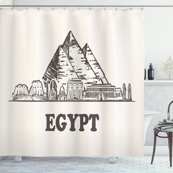 Vintage Egyptian Shower Curtain, Monochrome Pyramids Tutankhamun Cheops Touristic Hallmarks, Fabric Bathroom Set with Hooks, 69W X 84L Inches Extra Long, Dark Taupe Grey Eggshell, by Ambesonne