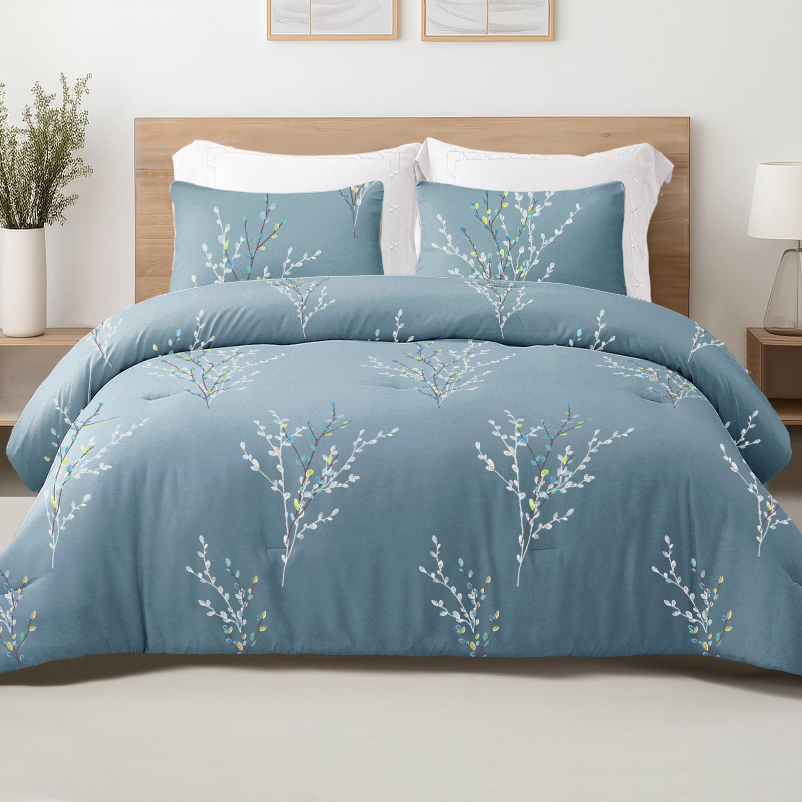 Exclusivo Mezcla 2-Piece Floral Twin Comforter Set, Microfiber Bedding Down Alternative Comforter for All Seasons with 1 Pillow Sham, Blue