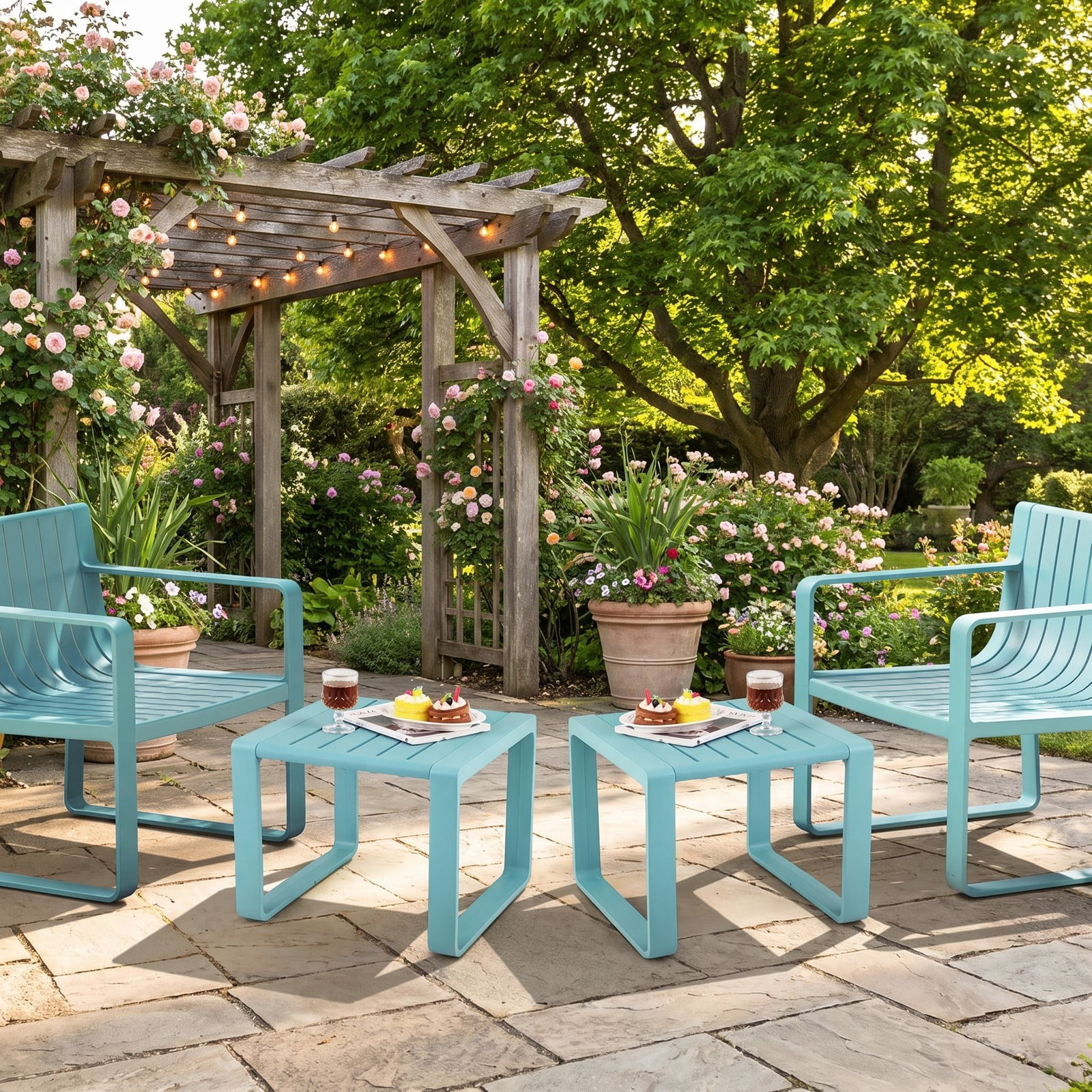 Furnibear Set of 2 Weather Resistant Slatted PP Outdoor Adirondack Side Tables for the Patio Deck Porch and Poolside, Blue