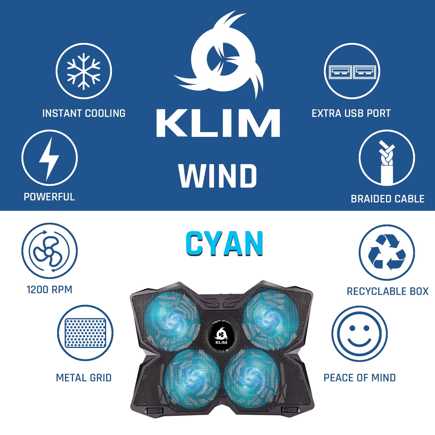 KLIM Wind Laptop Cooling Pad - NEW 2022 VERSION - Support 11 to 17 Inch Laptops, PS4-4 Fans - Light, Quiet, Powerful Cooling - Gamer USB Slim Portable Laptop Stand - Cyan