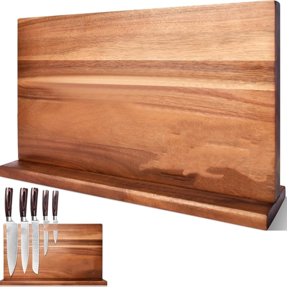 Extra Large Magnetic Knife Block Acacia Wood Knife Set Holder Stand With Stronge Magnetic Strip Kitchen Knives Storage Rack Organizer Tools No Drilling