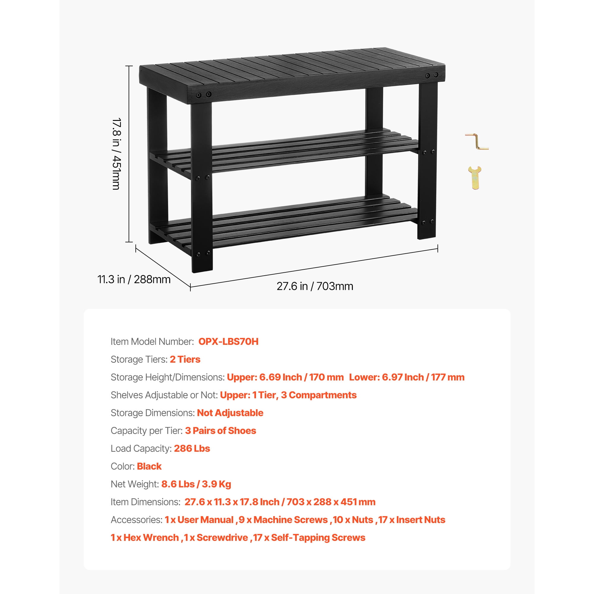 KFFKFF 3-Tier Wooden Shoe Rack Bench, Sturdy Shoe Organizer with 286 lbs Capacity, 27.6 x 11.3 x 17.8 Inches, Ideal for Hallways, Bedrooms, and Living Spaces, Black