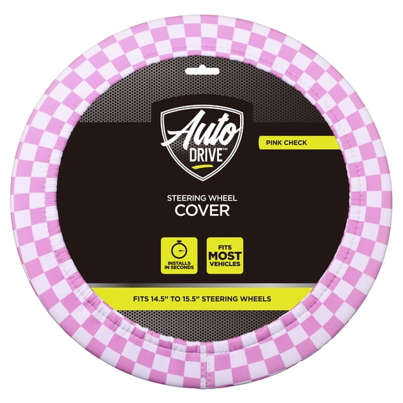 Auto Drive Universal Neoprene Waterproof Steering Wheel Cover, Set of 1, Fit for Cars, SUVs, Trucks, Pink Checkered Print