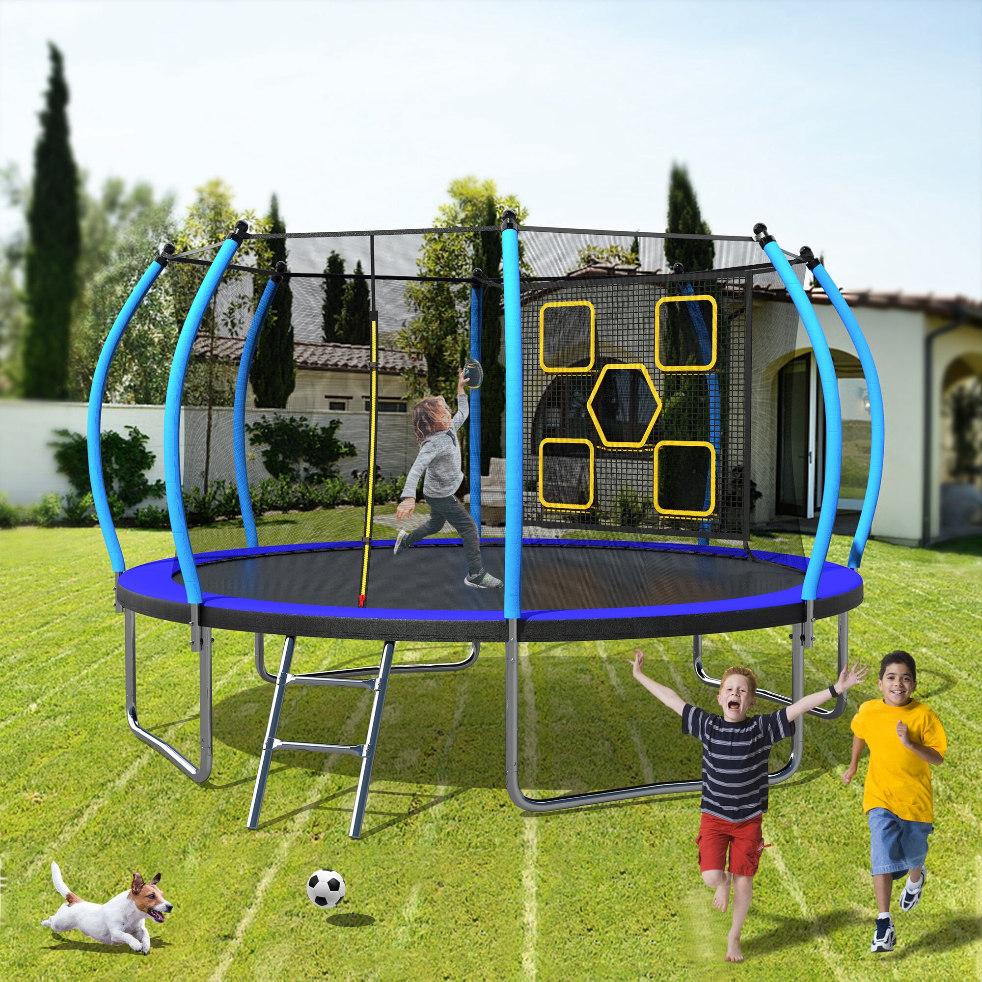 Mini Trampoline, 12FT Trampoline with Enclosure - Recreational Trampolines with Ladder, ASTM Approval Outdoor Trampoline for Kids, Black+Blue Trampoline For Kids,Steel Fitness Trampoline