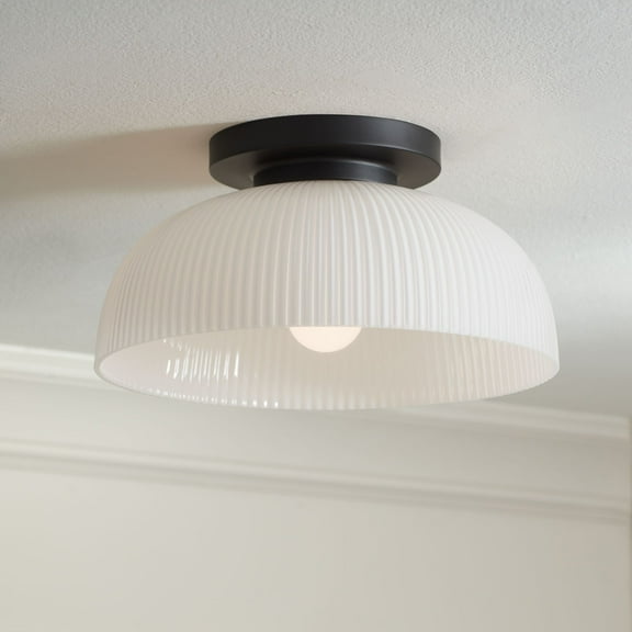 Possini Euro Design Novia 14" Modern Semi Flush-Mount Ceiling Light Fixture Kitchen Foyer Hallway Black Finish White Glass Bedroom