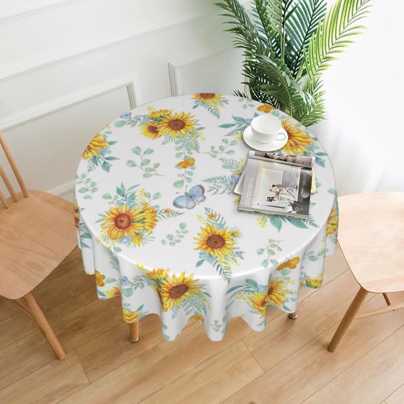 Round Tablecloth 60 Inch,Stain Resistance Polyester Table Cloth,Table Cover for Kitchen Dining Table, Buffet Parties and Camping-Flower Sun Style