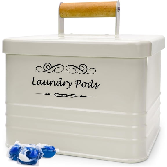 Modern Farmhouse Laundry Pods Container with Lid for Laundry Room Décor & Accessories, Laundry Room Organization (Ivory)