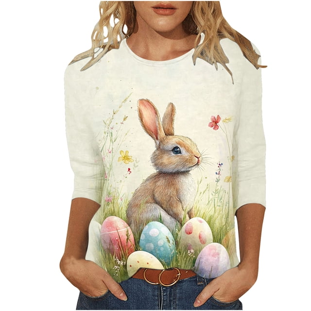 Liquidation d'Été Staron Hauts d'Été pour Femmes Pâques Manches 3/4 Blouses Décontractées Col Rond T-Shirts Graphiques Basiques d'Été