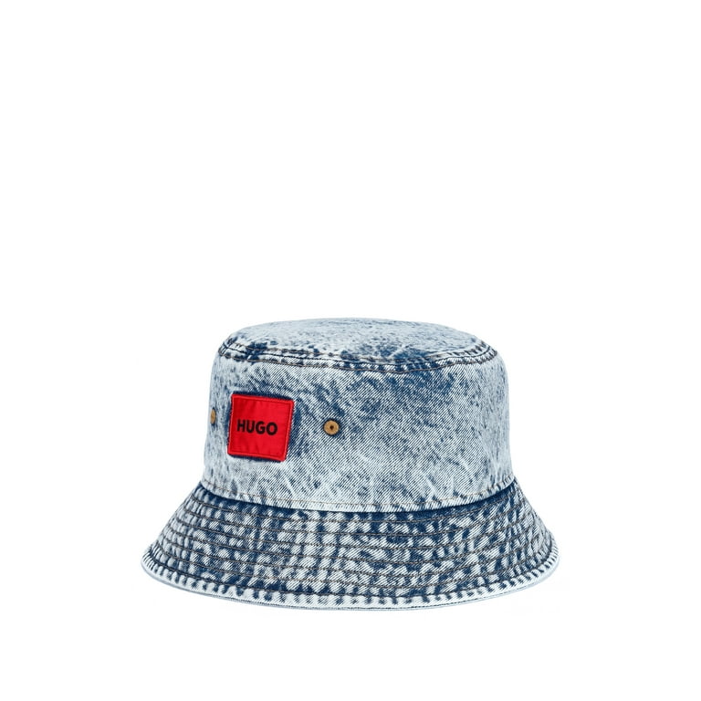 BOSS Men\'s Organic-Cotton Denim Bucket Hat with Red Logo Label
