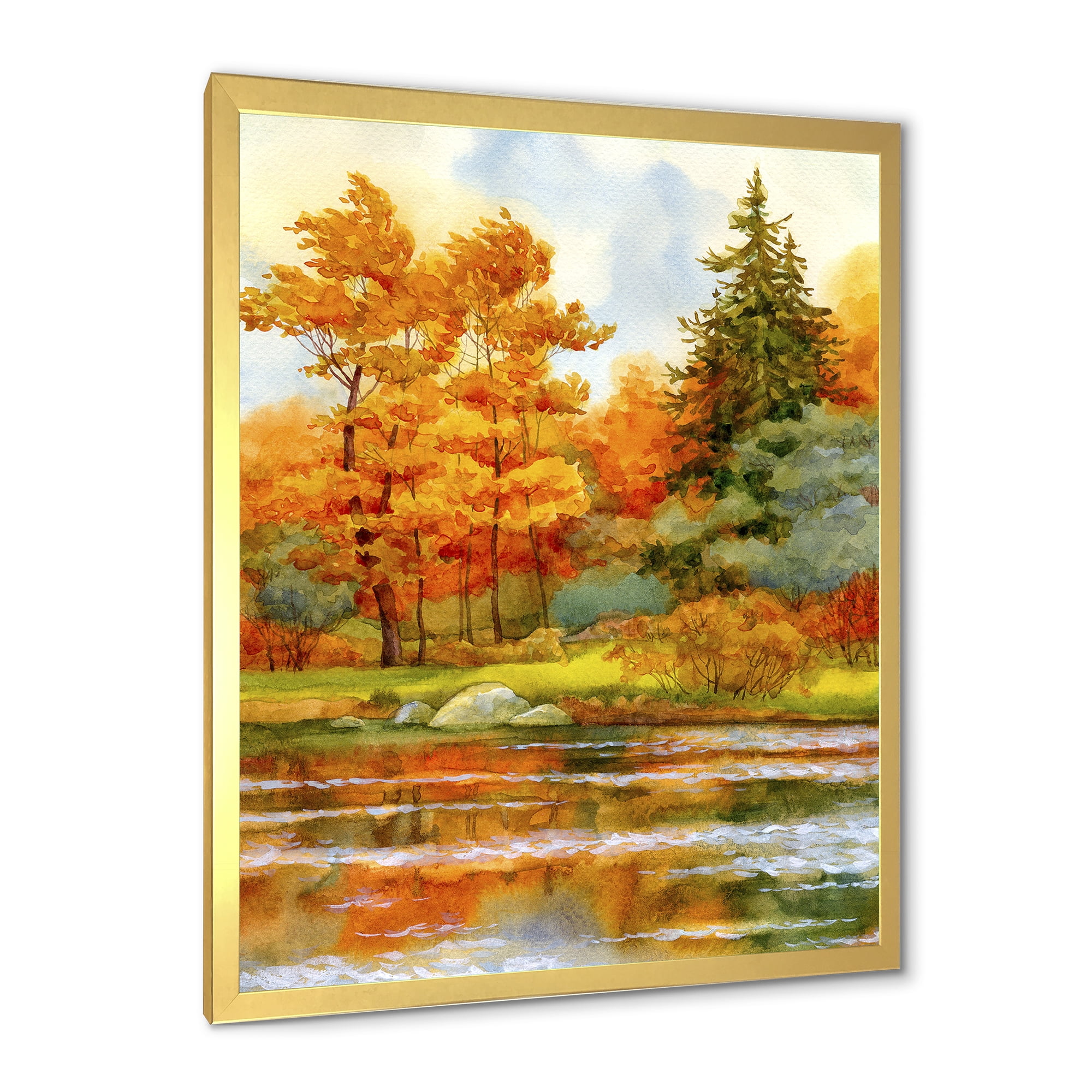 Designart 'Autumn Forest By The Lake Side III' Lake House Framed Art Print