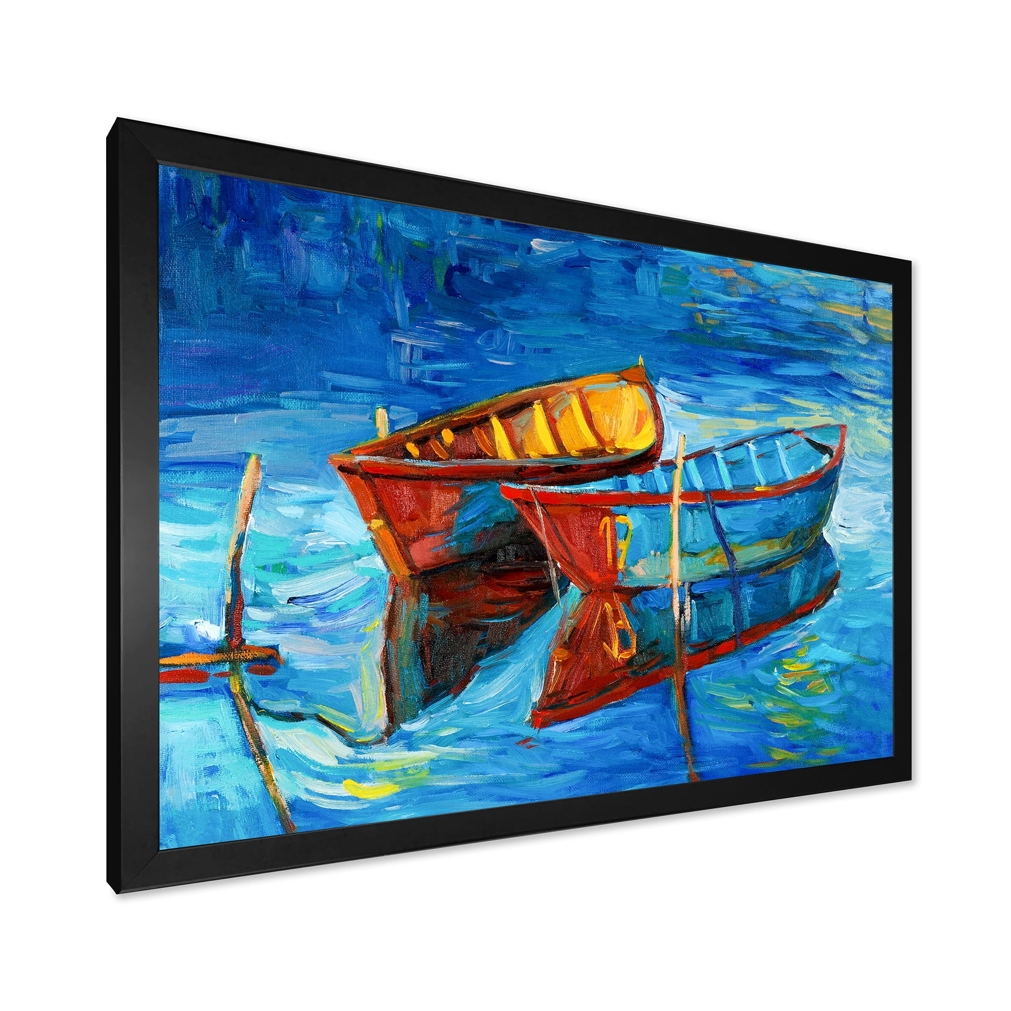 Boat At The Lake During Evening Glow III 32 in x 24 in Framed Painting Canvas Art Print, by Designart
