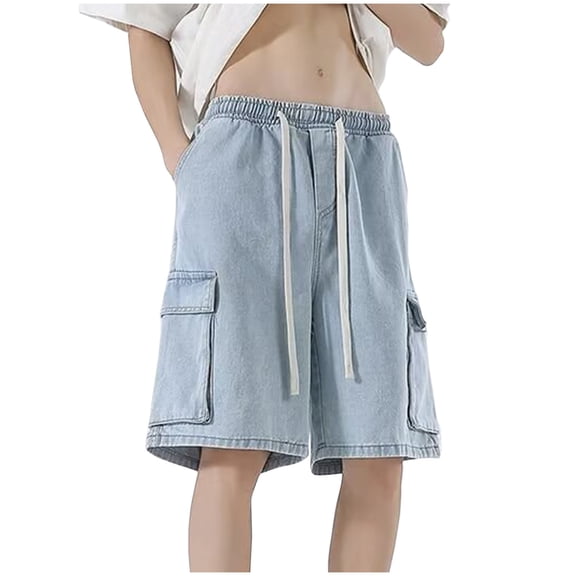 JUUYY Men's Baggy Jean Shorts Elastic Waist Distressed Cargo Denim Shorts Multi-Pocket Drawstring Loose Summer Jean Shorts Streetwear Light Blue L