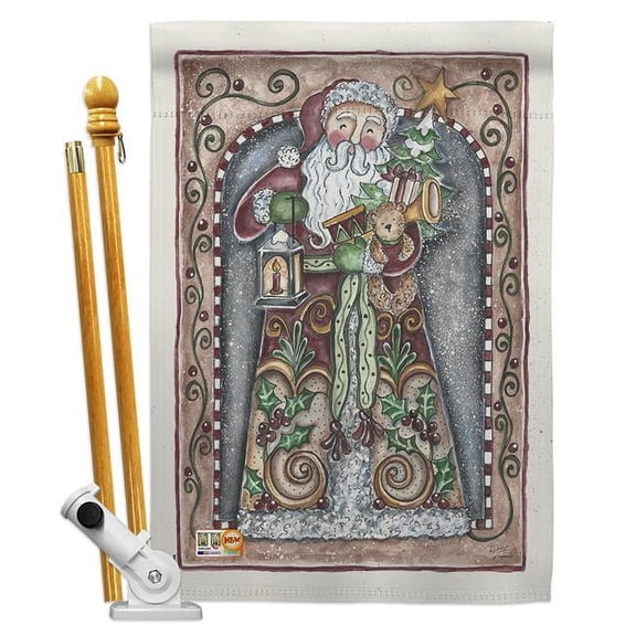 Breeze Decor BD-XM-HS-114128-IP-BO-D-US16-AL 28 x 40 in. Santa Toys & Lamp Winter Christmas Impressions Decorative Vertical Double Sided House Flag Set & Pole Bracket Hardware