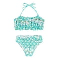 thumbnail image 3 of TiaoBug Girls 2 Pcs Mermaid Bikini Sets Shiny Halter Ruffles Crop Top with Triangle Brief Bathing Suit Tankini Light Blue A 150, 3 of 5