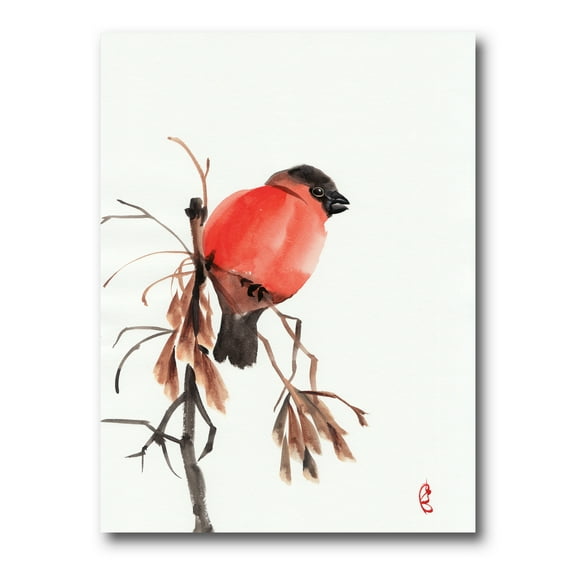 Designart ' Red Bullfinch Bird Sitting On A Branch ' Traditional Canvas Wall Art Print