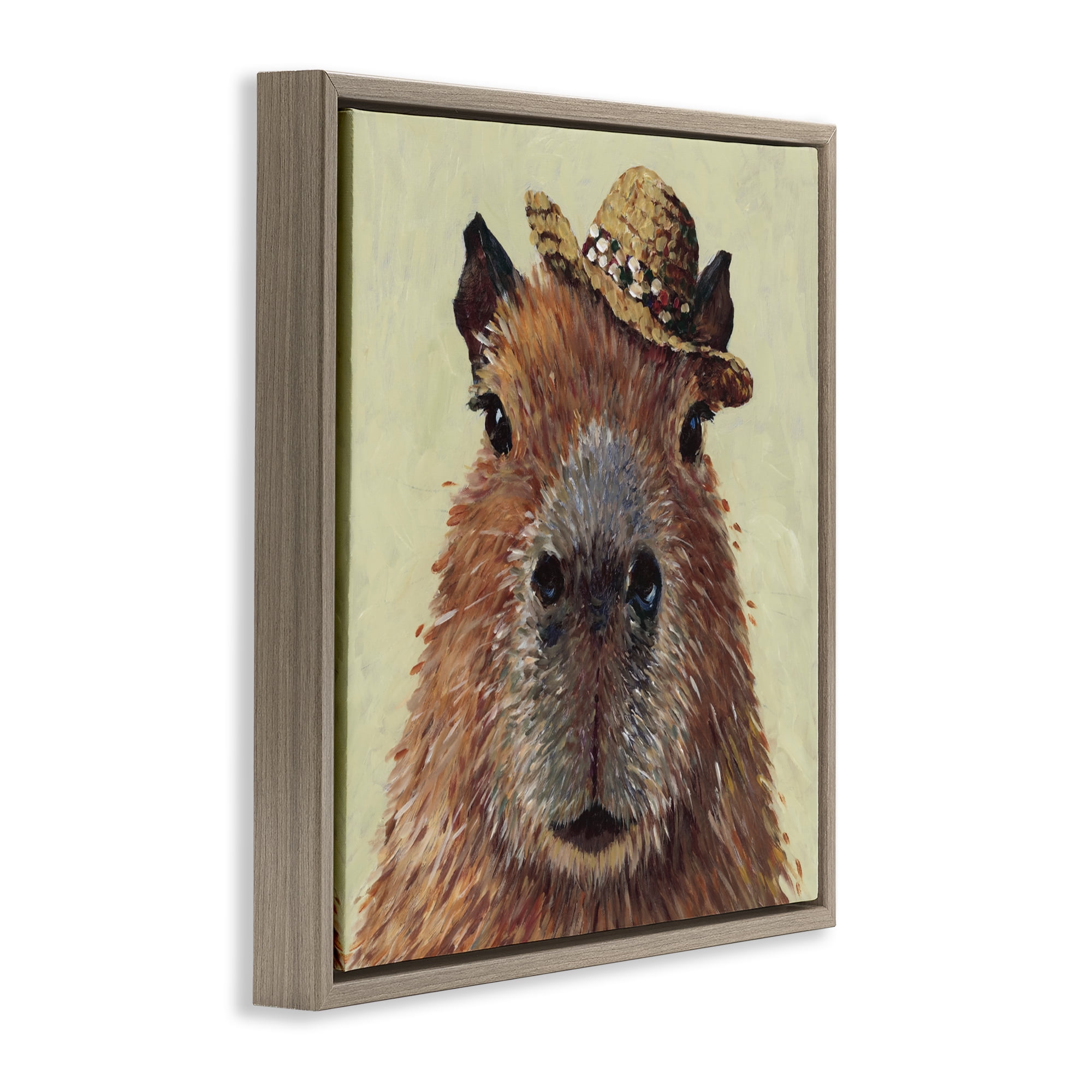 Stupell Industries Capybara with Straw Hat Brown Framed Floater Canvas Wall Art, design by Studio Bautista