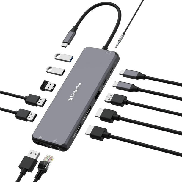 Hub USB C 13 en 1 Verbatim Gris Multipuerto con HDMI RJ45 y Lector de Tarjetas SD para Mac y Windows
