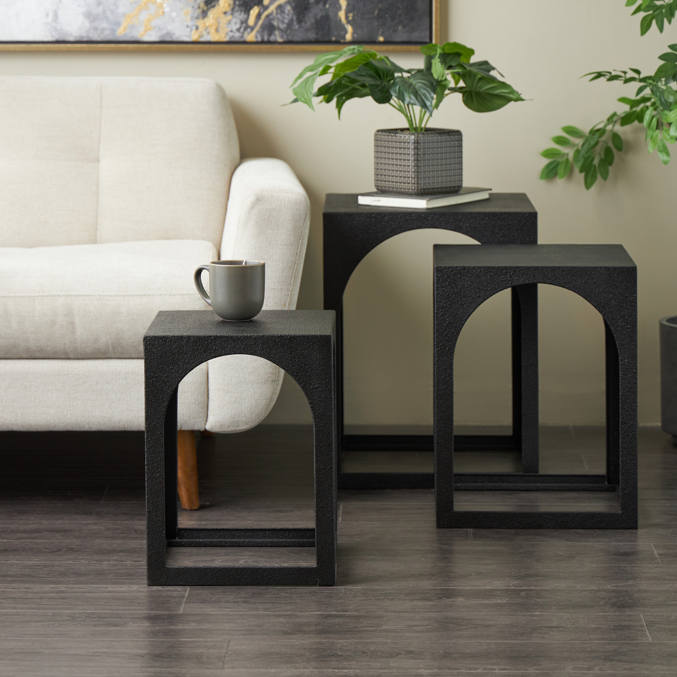 DecMode 16" x 21" Black Metal Nested Accent Table with Arched Cutouts, 3-Pieces