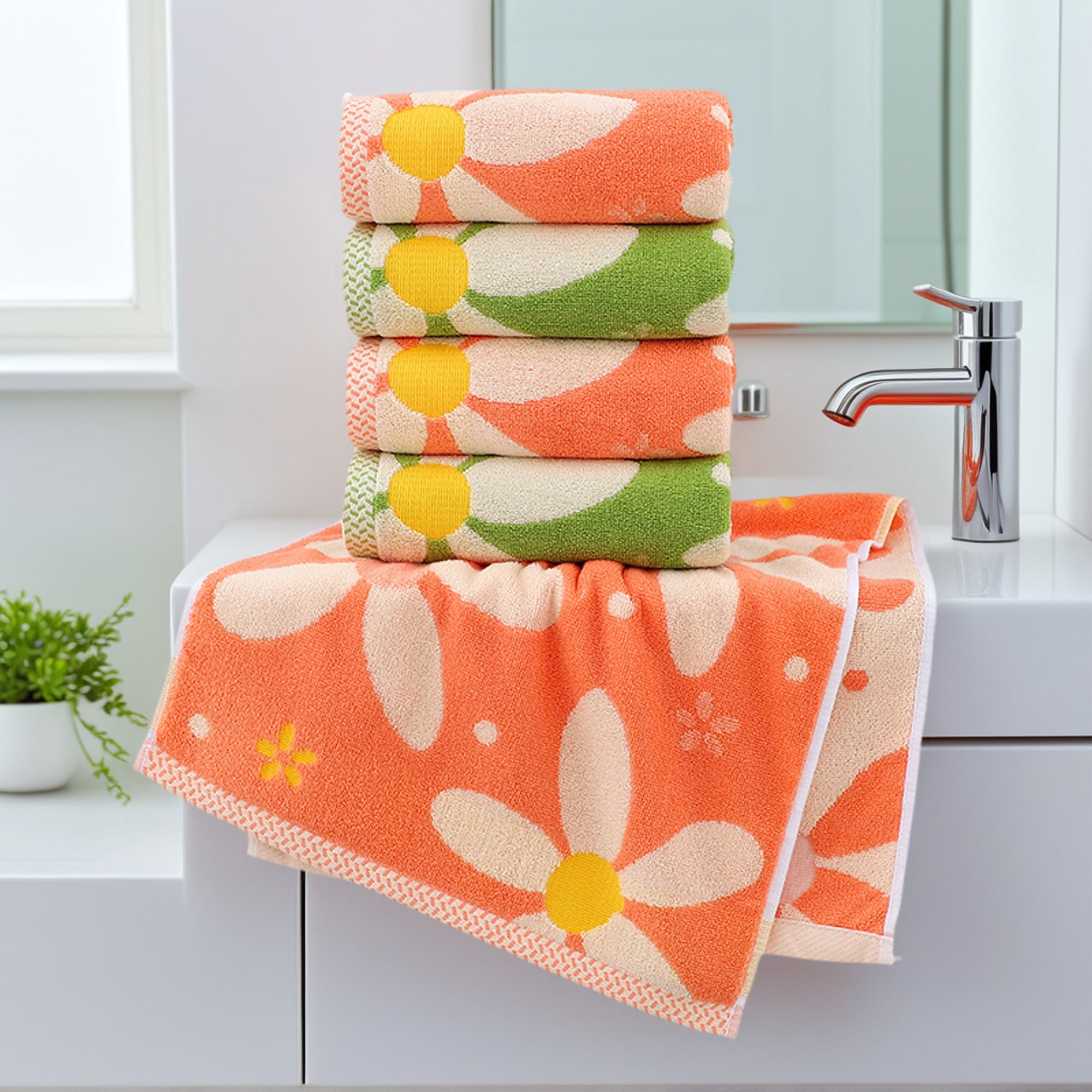 Unique Bargains 4 Pcs Cotton Soft Absorbent Hand Towels 13 x 29 Inch Green/White