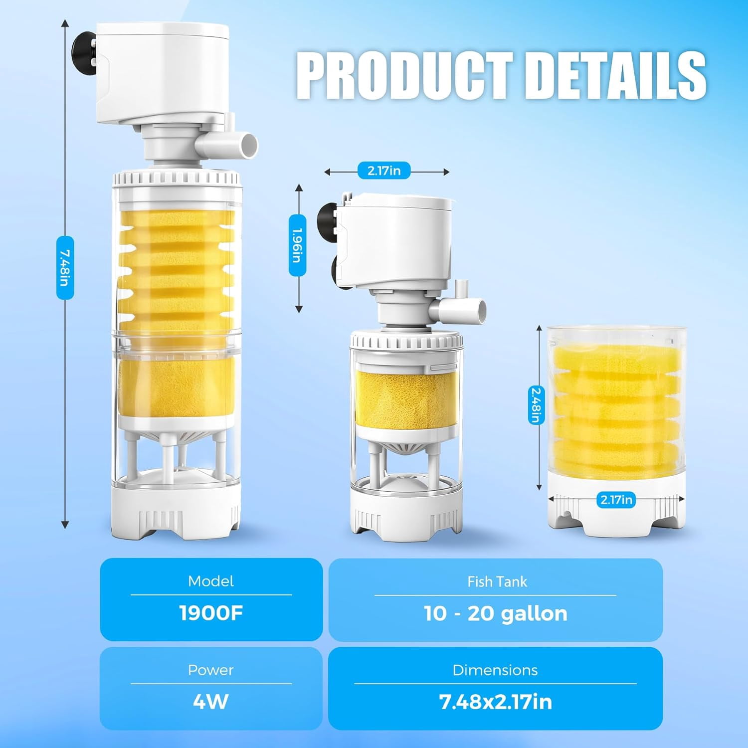 Fish Tank Filters for 10-20 Gallon Tank, 4-in-1 Aquarium Filter with Multi-Layer Filtration, Adjustable Oxygenation & Wavemaker, Impurity Separation