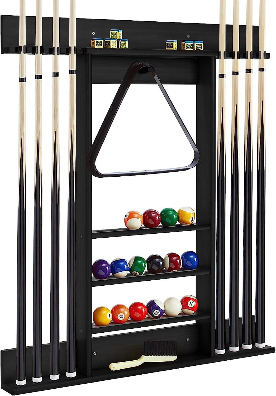 Pool Cue Rack, 8 Cue WallMounted Pool Stick Holder with 15 Billiard Balls Holders and 1