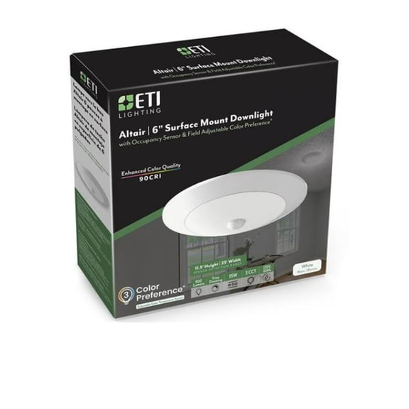 ETI Lighting  6" LED Surface Mount Downlight with Occupancy Sensor, 900 Lumen 3CCT Field Adjustable, Triac Dimming, 120V, 63328102