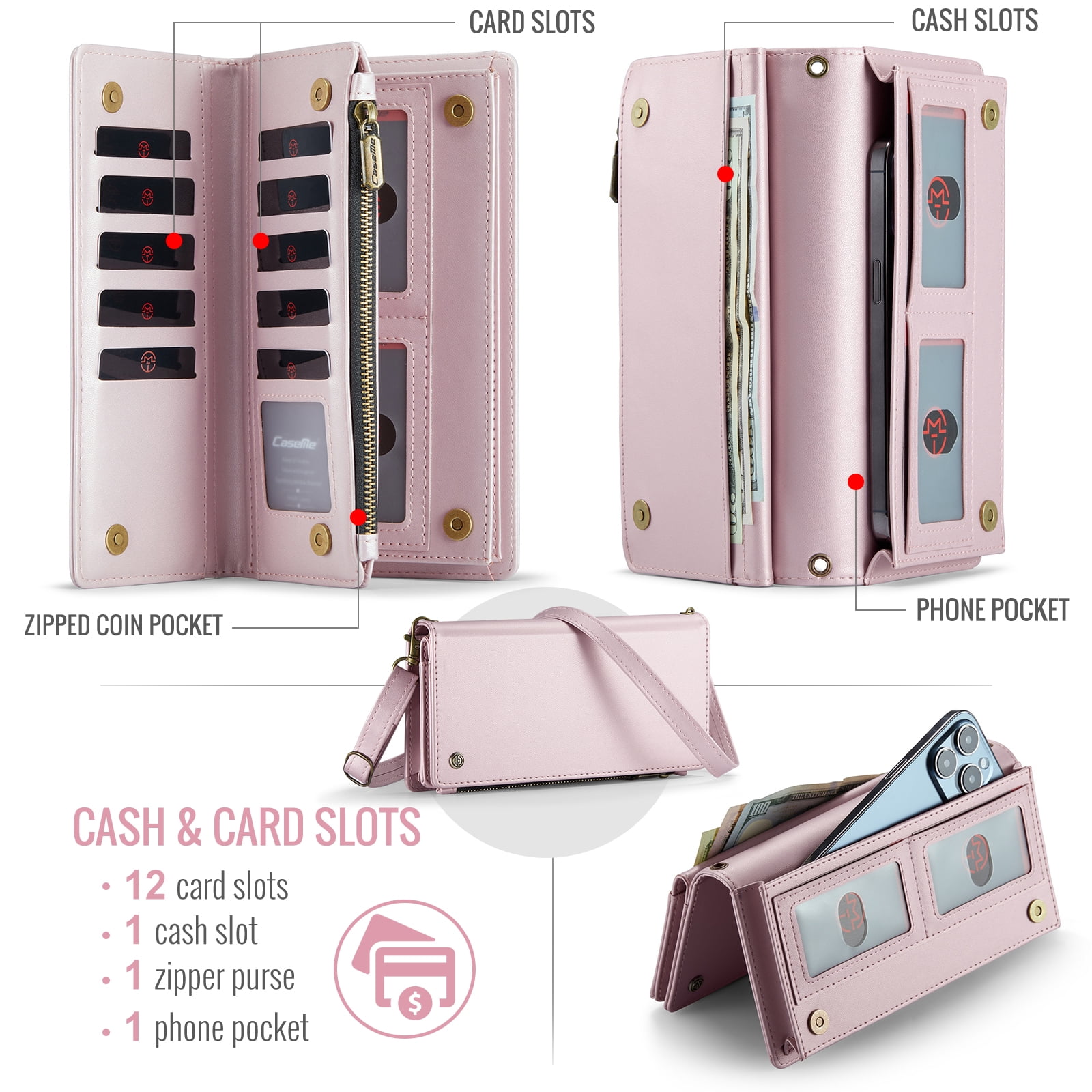ELEHOLD Phone Bag Wallets for Women Girls,Luxury PU Leather Wallet Bag Crossbody Handbag with Phone Pocket Zipper Pocket Large Capacity Credit Card Holders Wriststrap Shoulder Strap,Pink