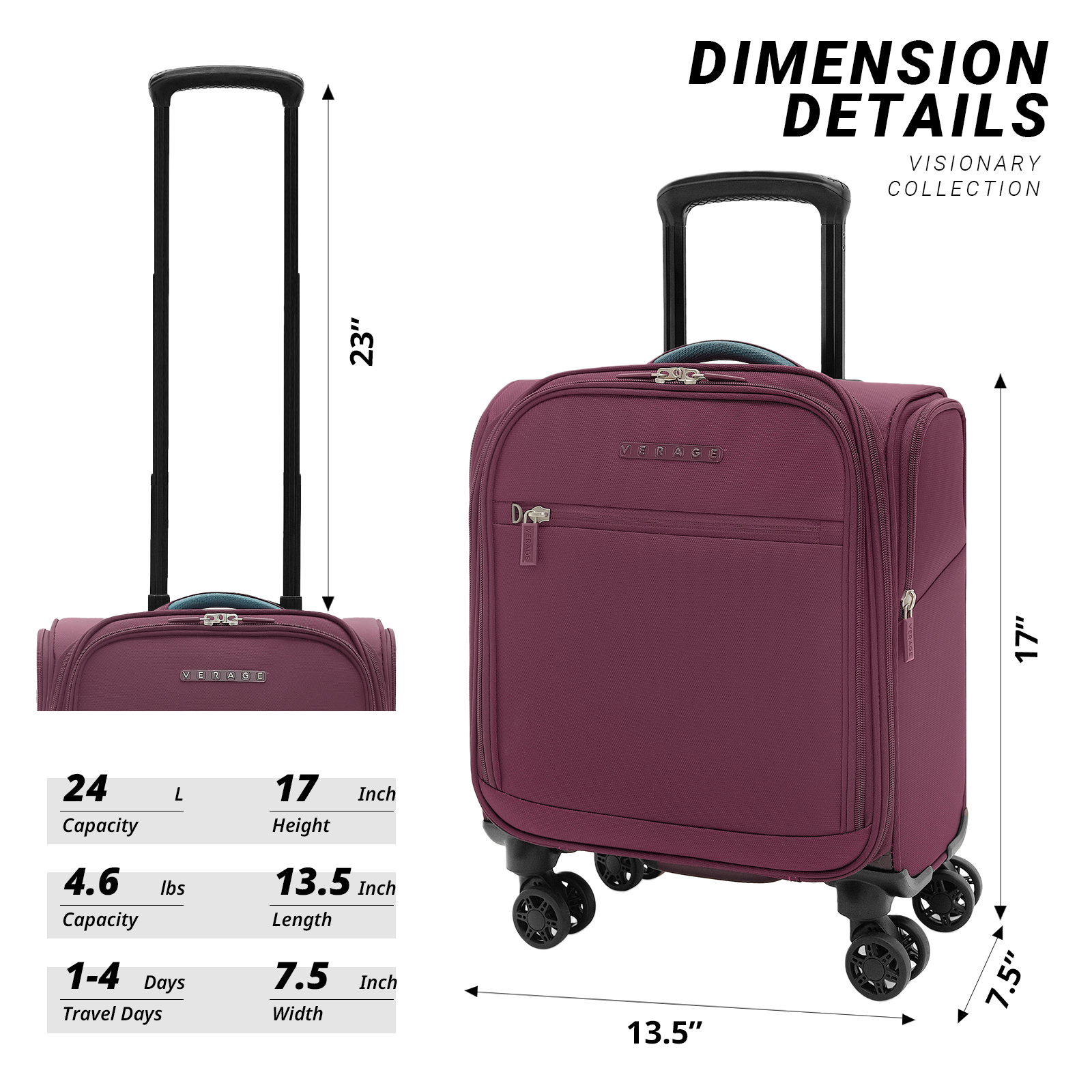 Verage 14-Inch Underseat Carry On Luggage with Spinner Wheels & USB Charging Port, Wheeled Suitcase for Airlines, Lightweight Overnight Bag for Men and Women (14-Inch Compact Underseat Pro)