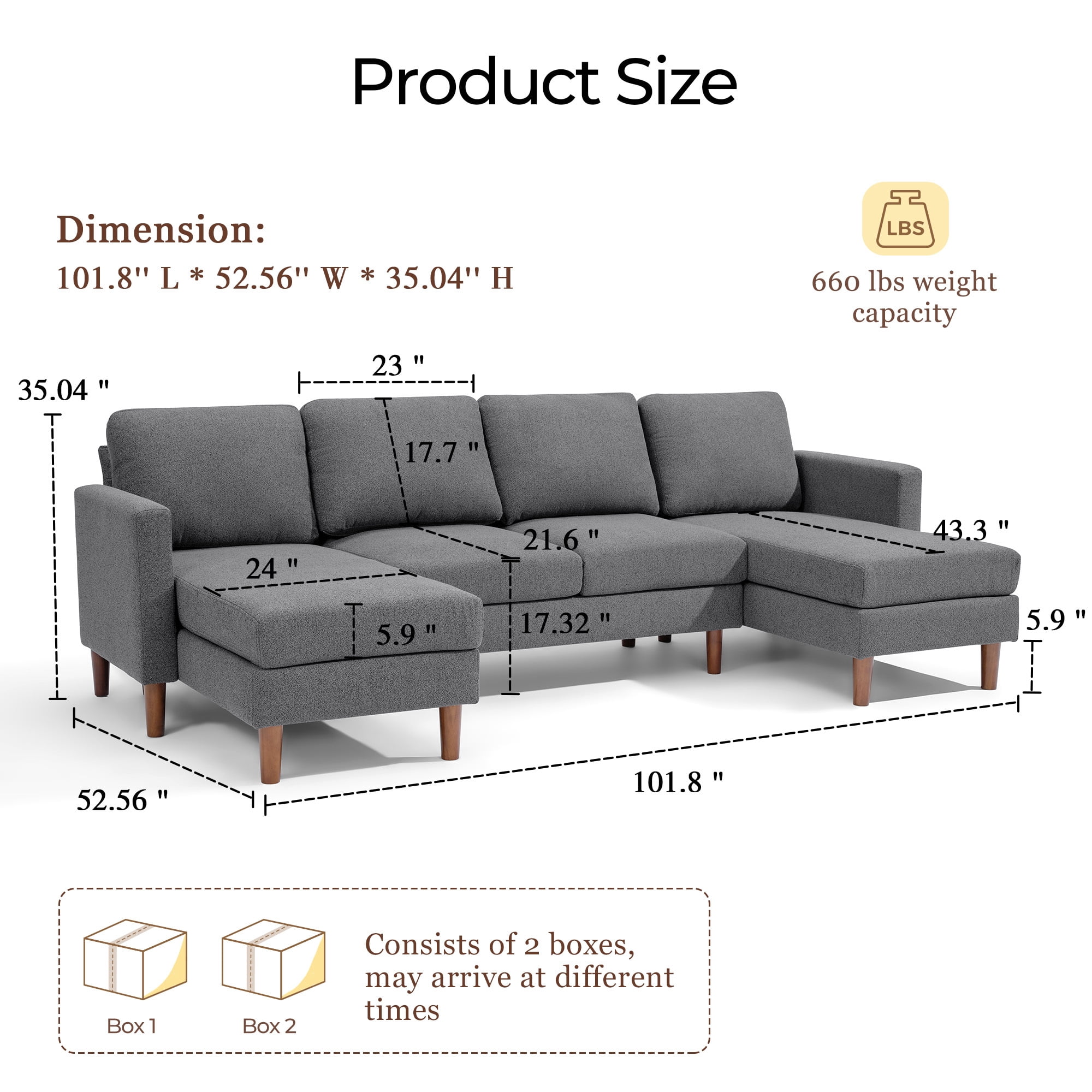 Linsy Home 101" Modular Sectional Couches for Living Room, U-Shaped Sectional Sofa with 2 Pillows, 4 Seat Oversized Sofa with Double Chaise, Dark Gray Bouclé