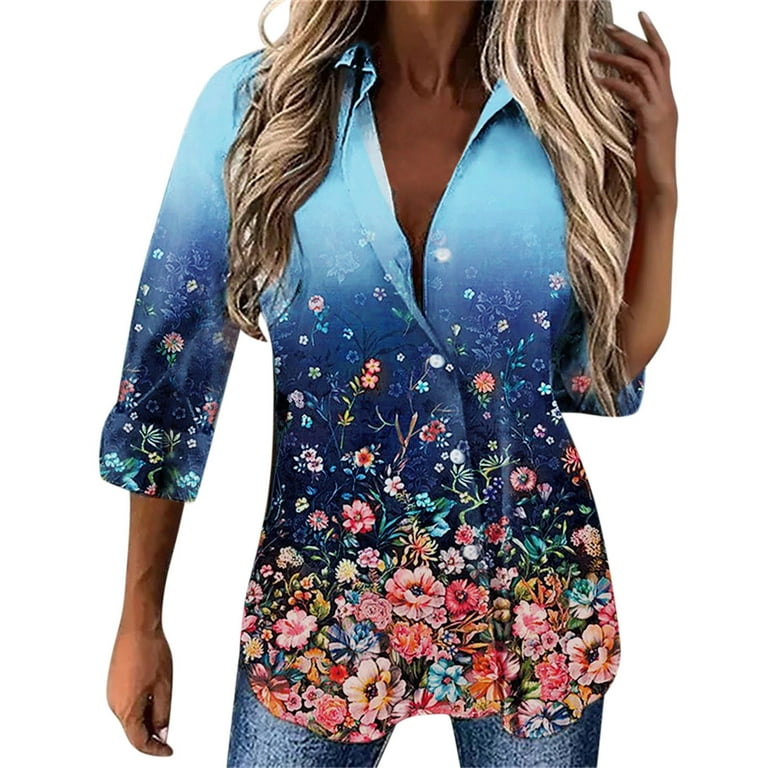 PMUYBHF Tunic Tops Plus Size 3/4 Sleeve Womens Tunic Dresses To Wear with  Leggings Women Gradient Floral Printed Hawaii Button-Down Shirts Long  Sleeves Casual Blouse T-Shirt Tops 