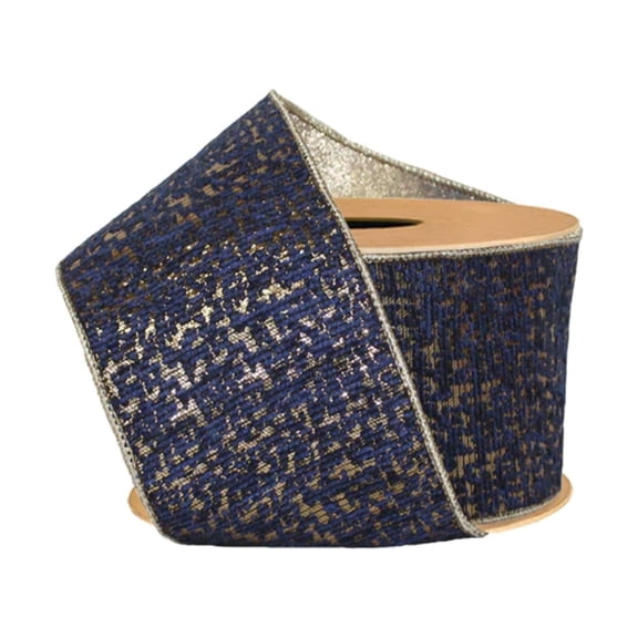 LaRibbons 4" Double-Fused Wired Jacquard Ribbon | Blue/Gold Metallic | 10 Yard Roll