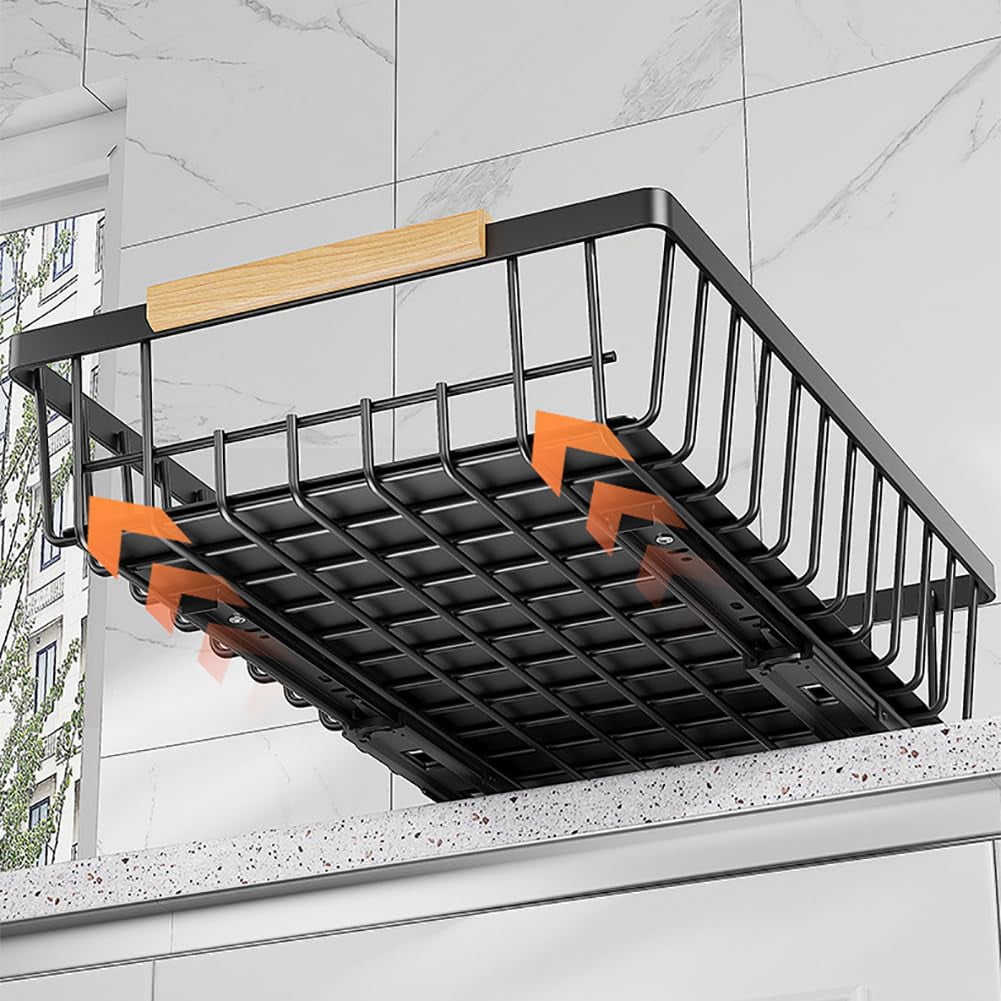 Sturdy Slide-Out Black Storage Basket - Easy Carry Pull-Out Cabinet Organizer with 2 Iron Wires - Durable Mesh Drawer Shelf for Kitchen or Pantry