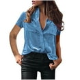 thumbnail image 2 of AXXD Blue Basic Work Shirts for Women Summer 2024 Ladies Solid Button Collar Tops Loose V Neck T-Shirts Short Sleeve Blouse, 2 of 3