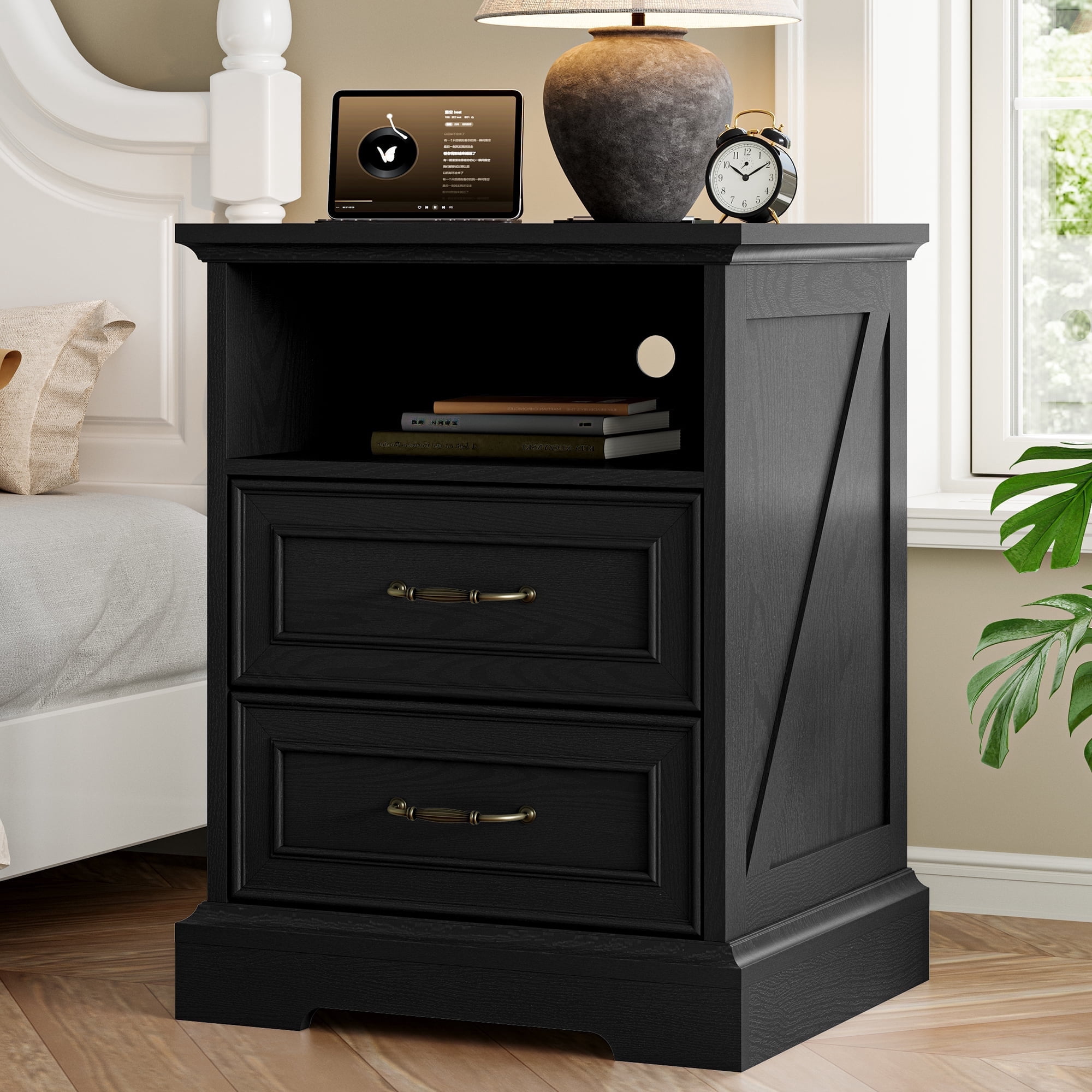 FANRAL 2 Drawers Dresser for Bedroom,Farmhouse Nightstand with Charging Station & Open Shelf,24" Wide Wooden Chest of Drawers,Rustic Storage Cabinet,Black Dresser