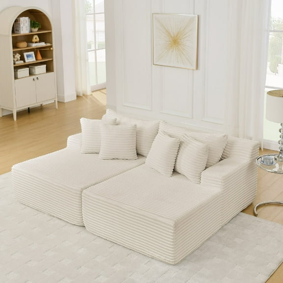 2-seater Lazy Sofa Lounge Chaise Chair, Compressed Sofa No Assembly Required, Fluffy Modern Velvet Fabric Lounge Chair for Indoor Living Rooms, Bedrooms, Apartmrnt, Office, Beige