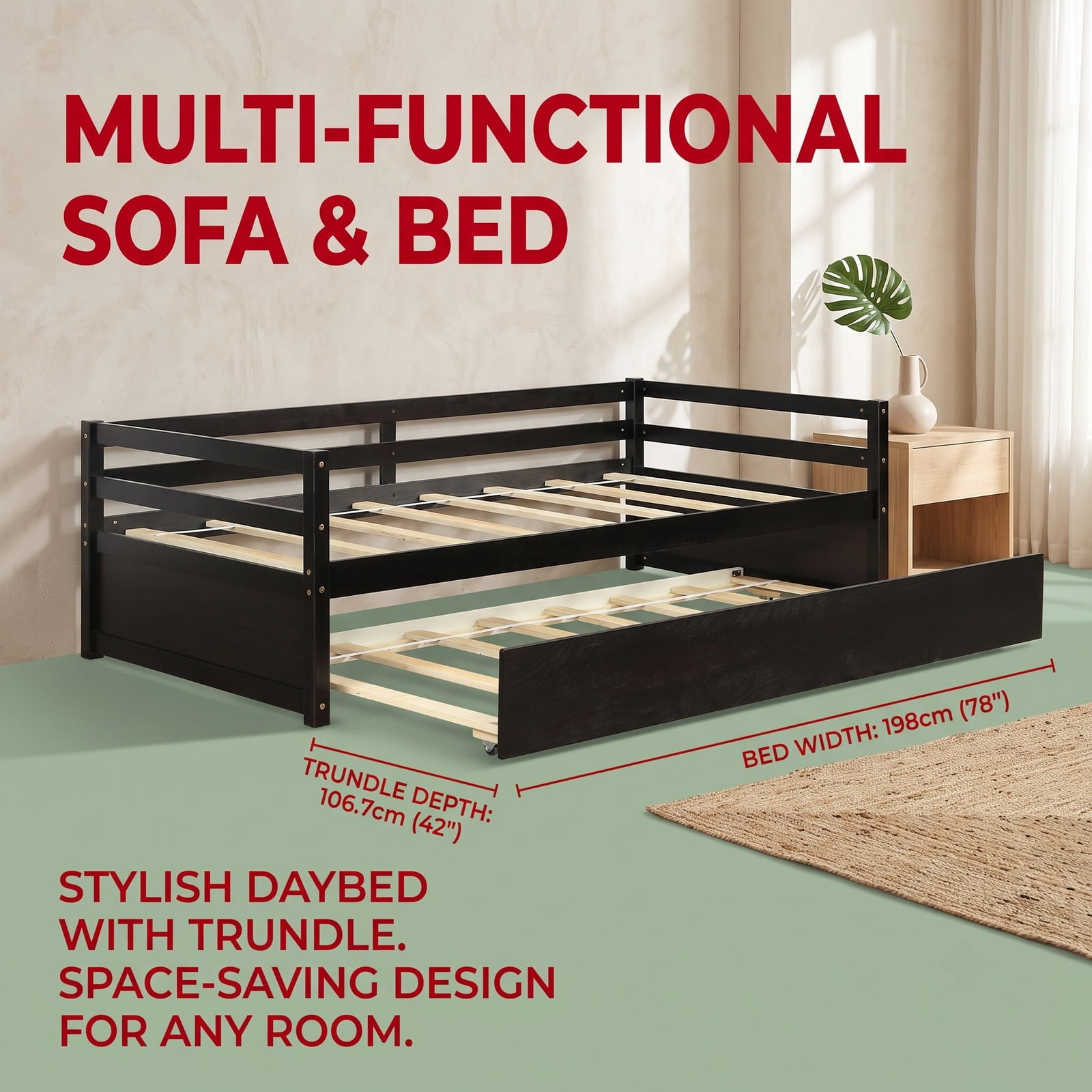Furnibear Twin Daybed Frame with Pull Out Trundle and Wooden Slat Support and Side Rails for Bedroom and Guest Room, Dark Brown