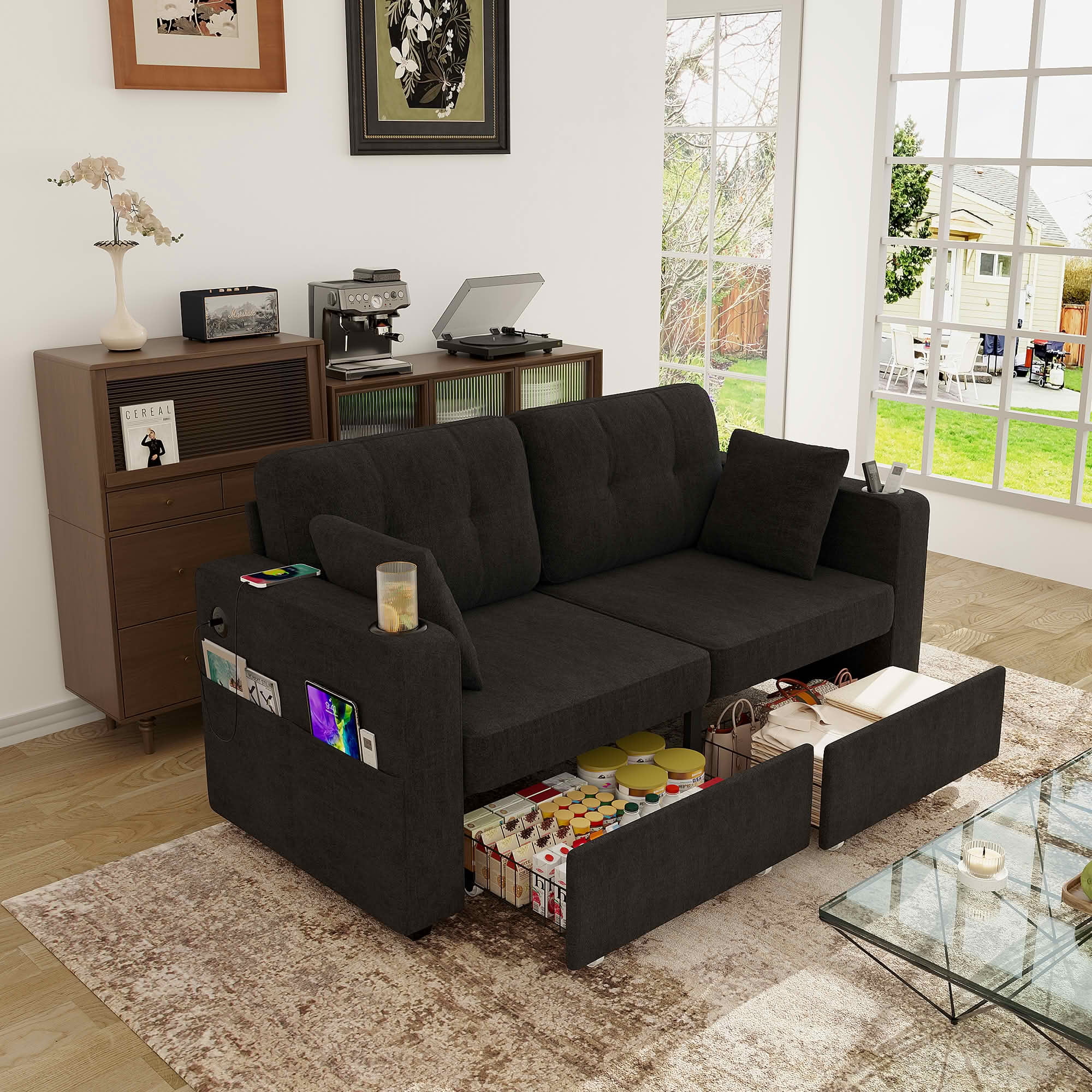 MAYEERTY Modern 3-Seat Chenille Sofa, Wood Frame Sectional Couch with USB Charging, Cup Holder & Storage Function for Home Small Space Living Room