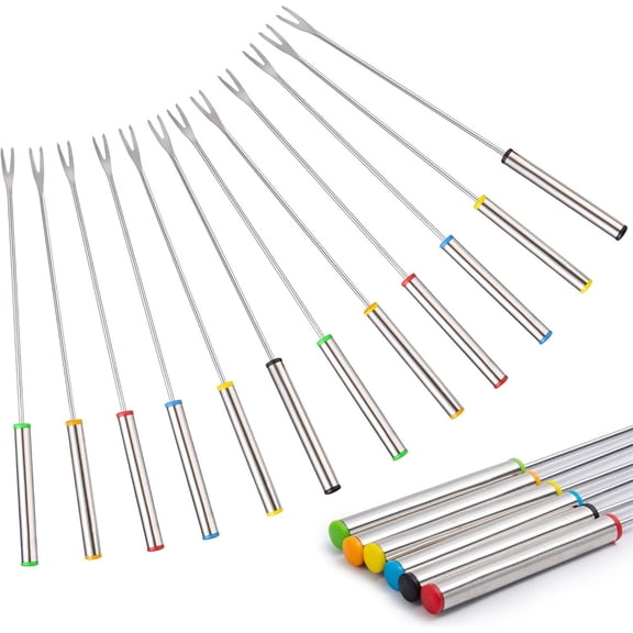 NOGIS Set of 12 Stainless Steel Fondue Forks 9.5", Color Coded Cheese Fondue Forks Smores Sticks with Heat Resistant Handle for Chocolate Fountain Cheese Roast Marshmallows Dessert Fruits