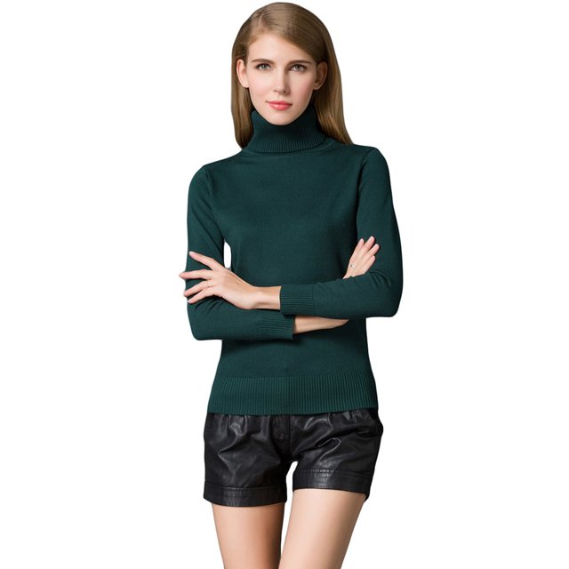 Moda de invierno de las mujeres suéter de punto de la tortuga cuello de manga larga Ribbed Knitted P Abanopi Verde/S